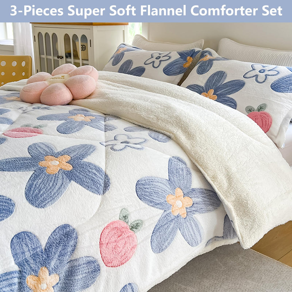 Blue Floral Fleece Comforter Set, 3 Piece Sherpa Bedding Set