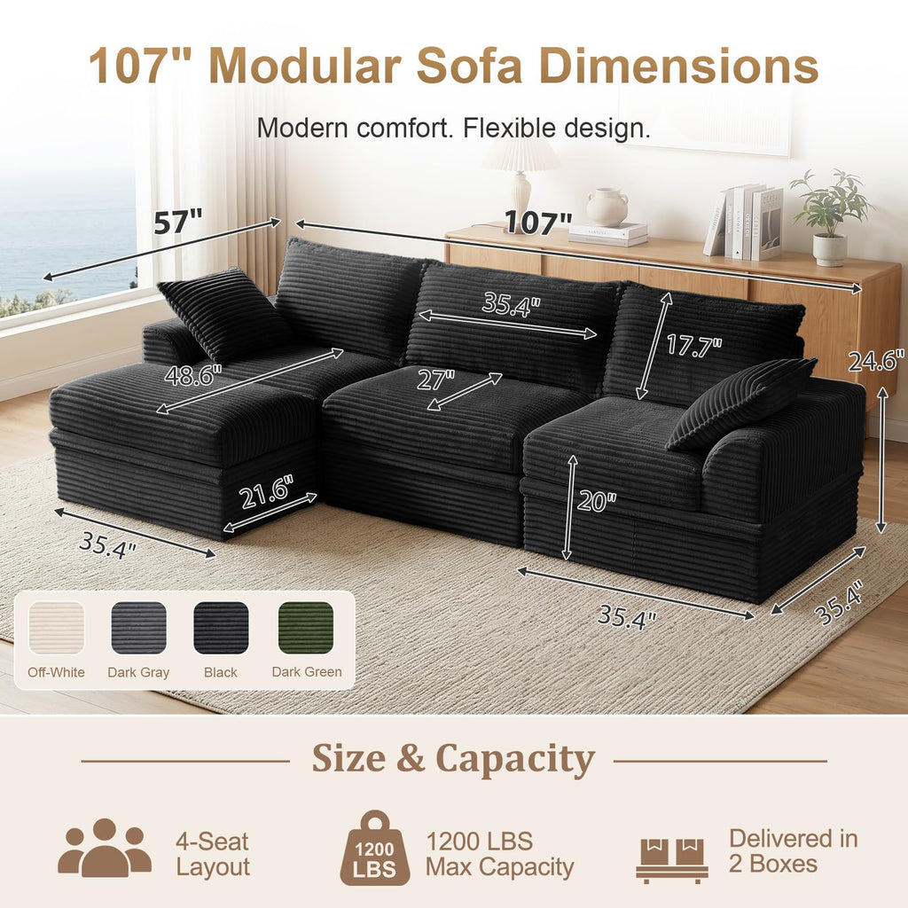 Upgraded Boneless Couch with Storage, Sectional Couches, L-Shaped Modular Cloud Corduroy Sofa with Ottoman &
