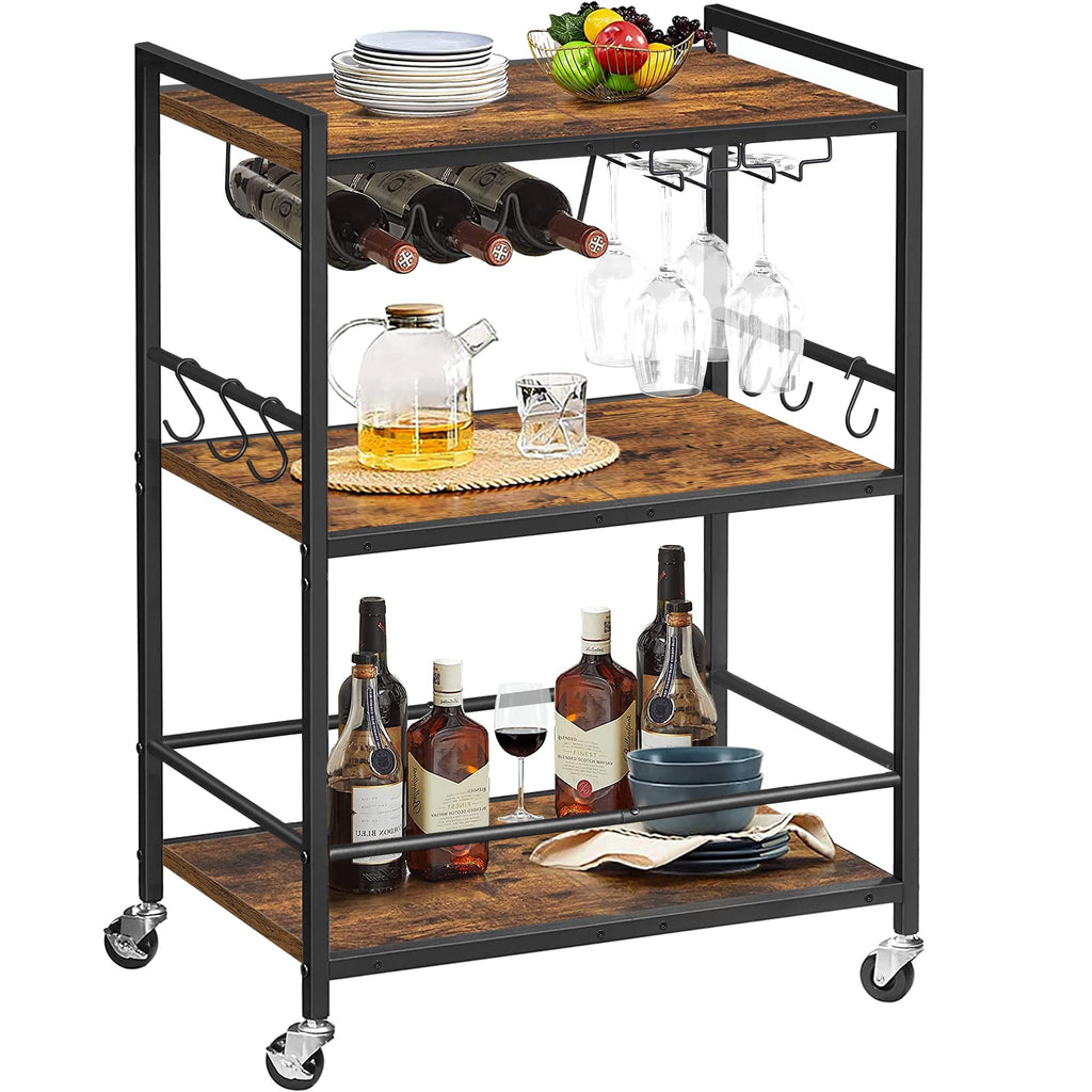 Bar Cart with Wheels, Drink Cart with Wine Rack and Glass Holder
