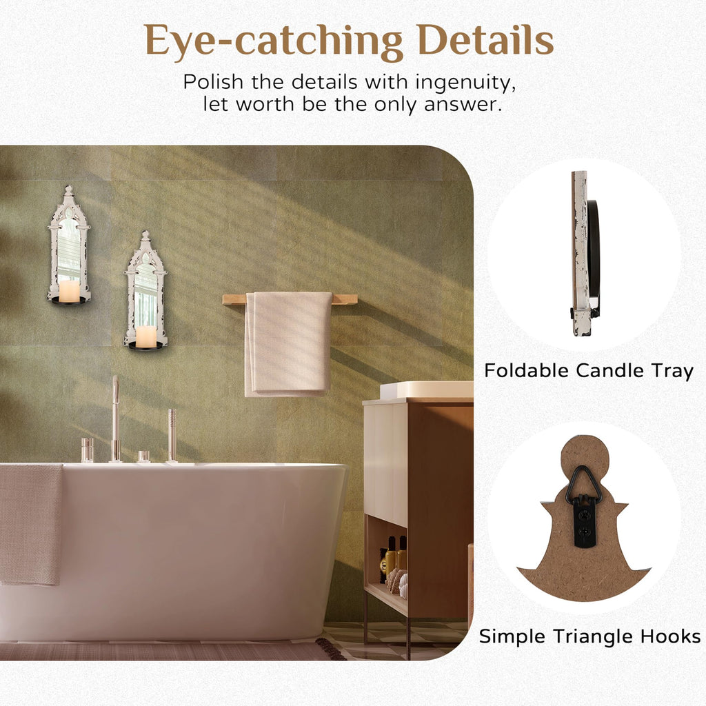 Wall Candle Sconces Set of 2 with Real Mirror, Distressed White