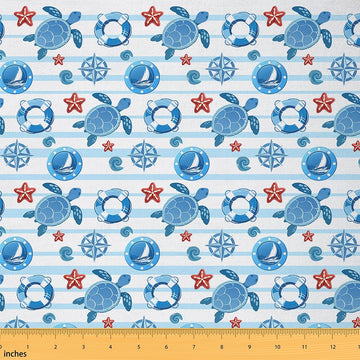 Cartoon Sea Turtle Fabric by The Yard Nautical Compass Summer Sailing No Stretch Fabrics Blue Stripes Cute Starfish