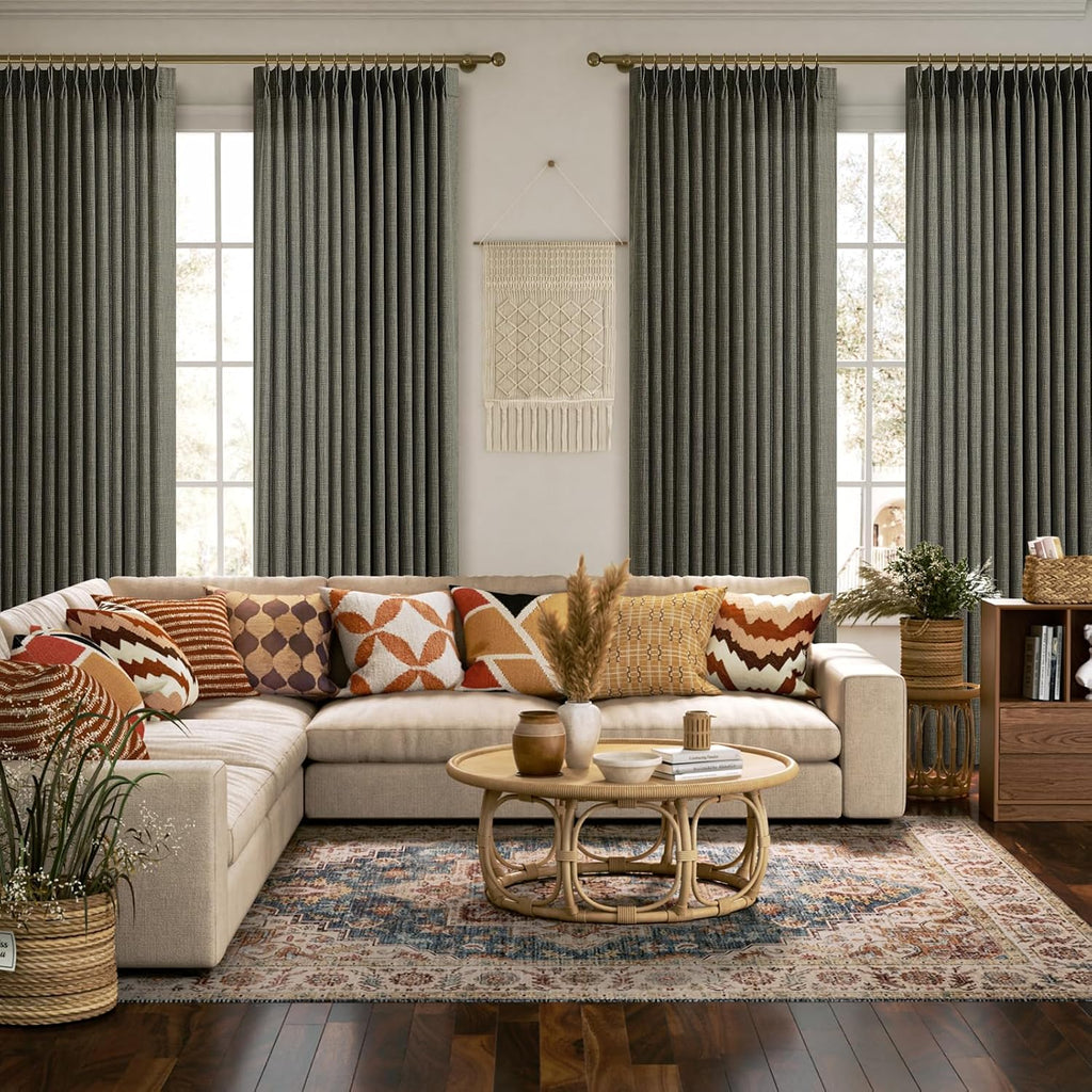 Pinch Pleated Linen Curtains 96 Inches Extra Long Olive Green Drapes, Thick Linen Light Filtering Memory Trained