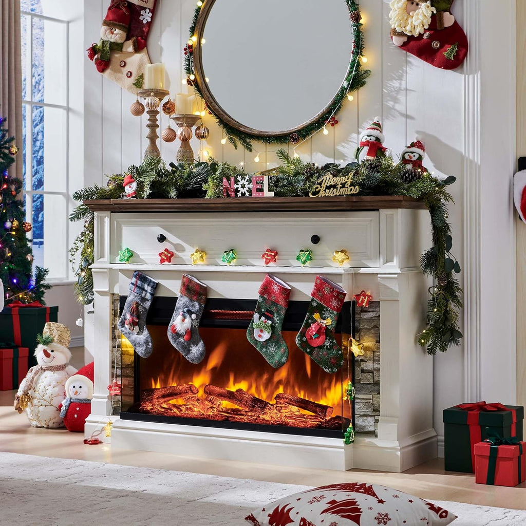 52 Inch 3-Sided Glass Fireplace TV Stand for TVs up to 65 Inches, 36 Inch Tall Highboy Farmhouse Entertainment Center with Storage, Antique White