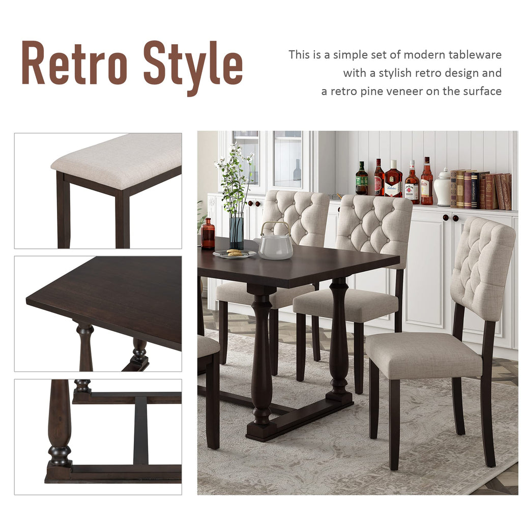 6-Piece Classic Dining Table Set with Special-Shaped Legs and Cushions Chairs, Modern Dining Table Set with Bench and