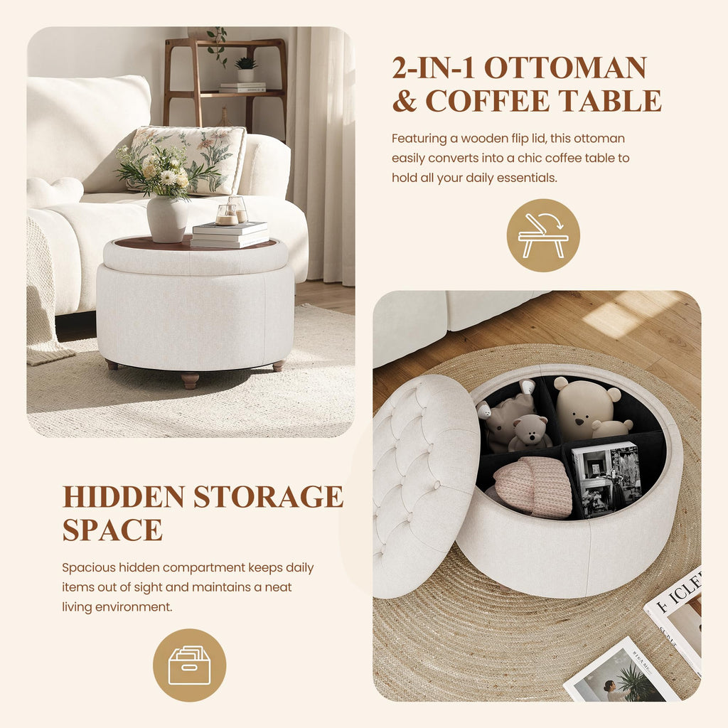 25" Round Ottoman with Storage, Small Coffee Table with Reversible Tray Lid