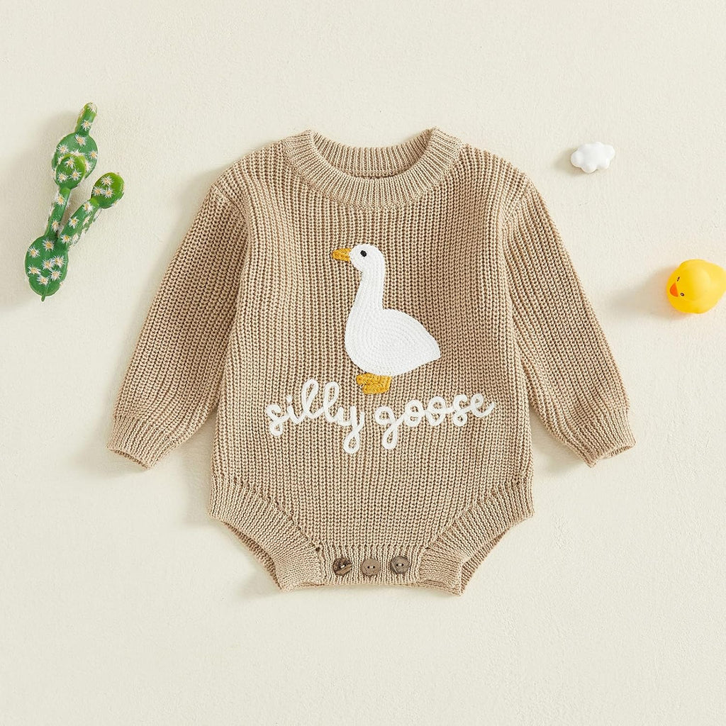 Newborn Baby Boy Girl Sweater Romper Silly Goose Embroidery Knit Onesie Knitted Bodysuit Warm Fall Winter Clothes