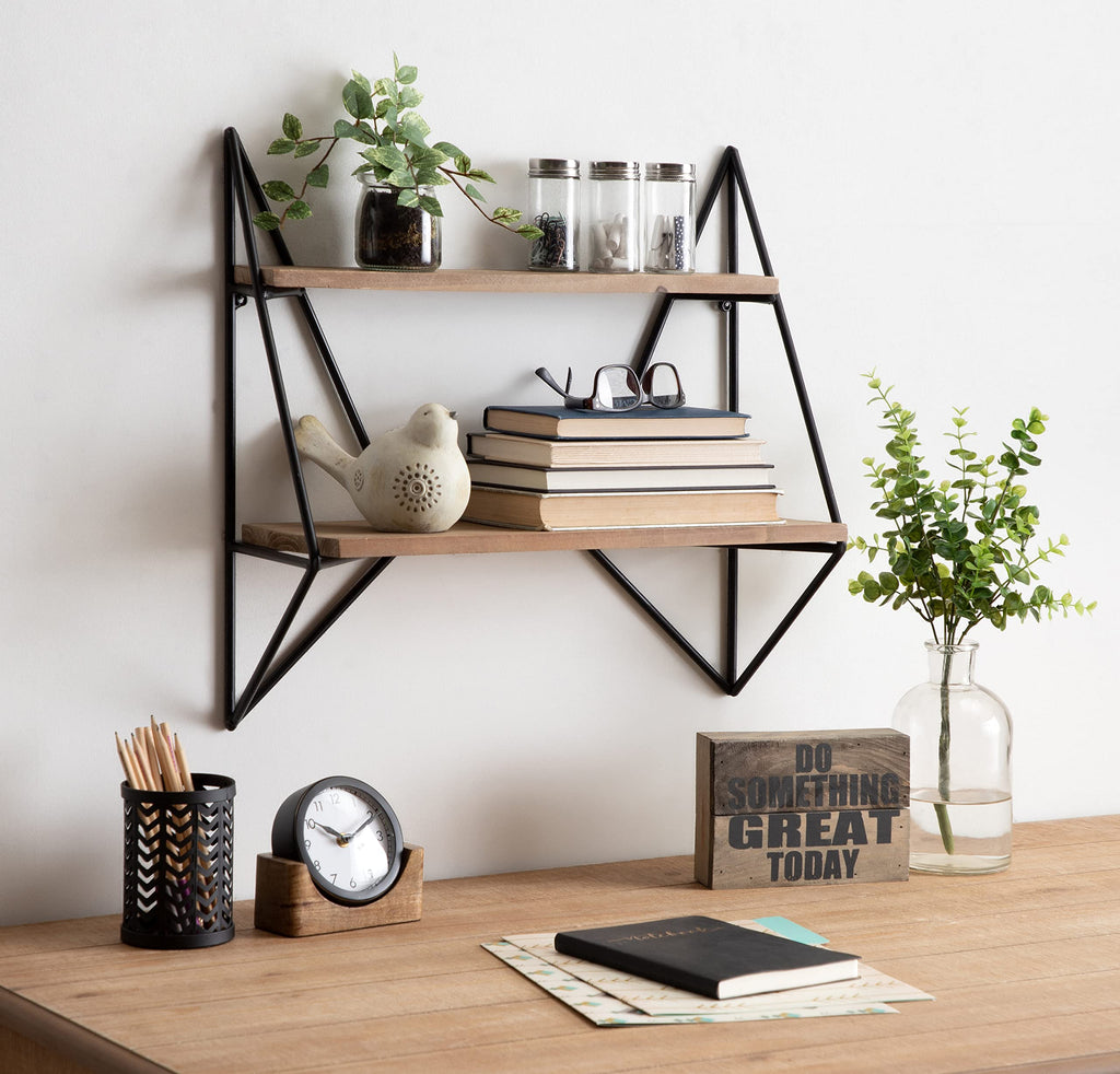 Melita Decorative Modern Farmhouse Two-Tier Floating Wall Shelf with Metal Frame and Solid Wood, Black/Rustic Brown