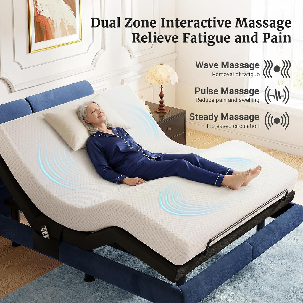 T600 Adjustable Bed Base with Massage & Remote, Syncable Split King Adjustable Bed Frame with Head & Foot Incline
