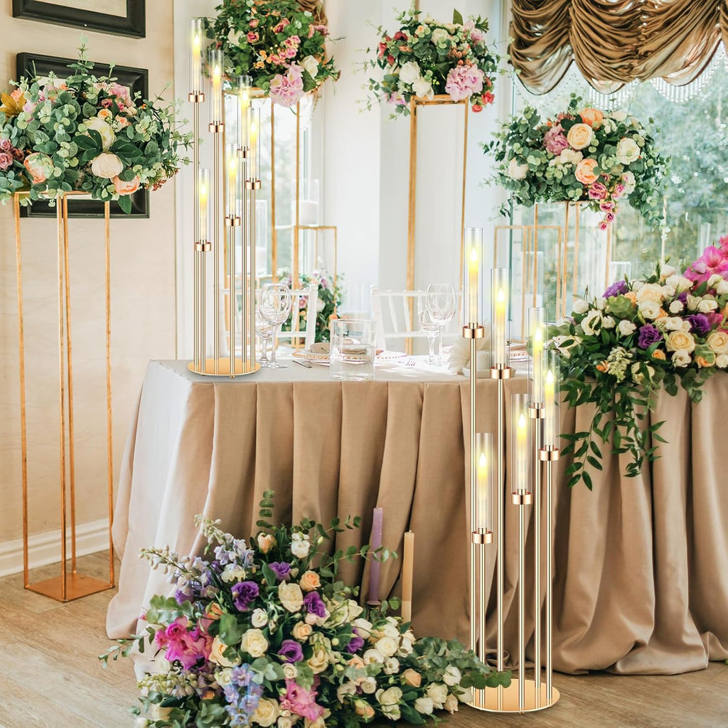 4 Sets Acrylic Candelabra Centerpieces 46.5'' Tall Clear Candle Holders Pillar Taper Candlestick with Lampshades 6