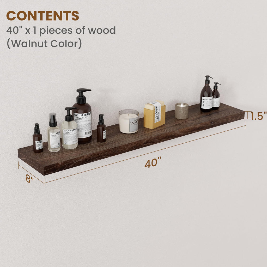 Floating Shelves for Wall, 8" Deep Elm Wood Shelves, 40in Set of 1, Walnut