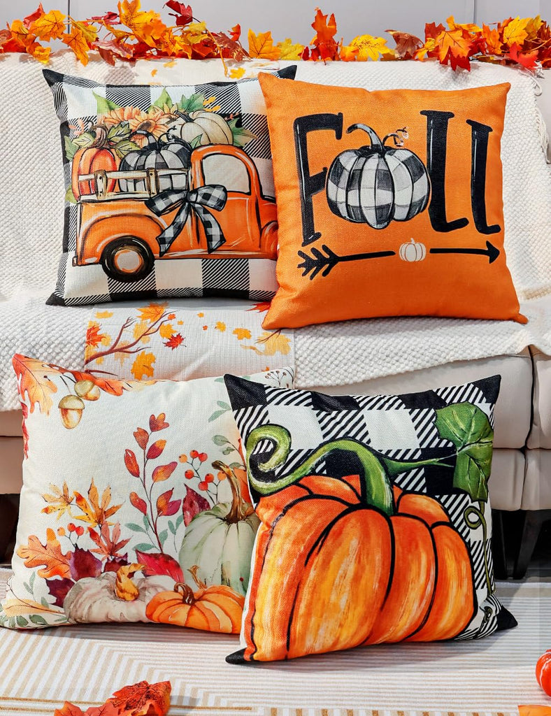 Fall Pillow Covers 18x18 4Pcs Double‐Sided Print Autumn Home Decor