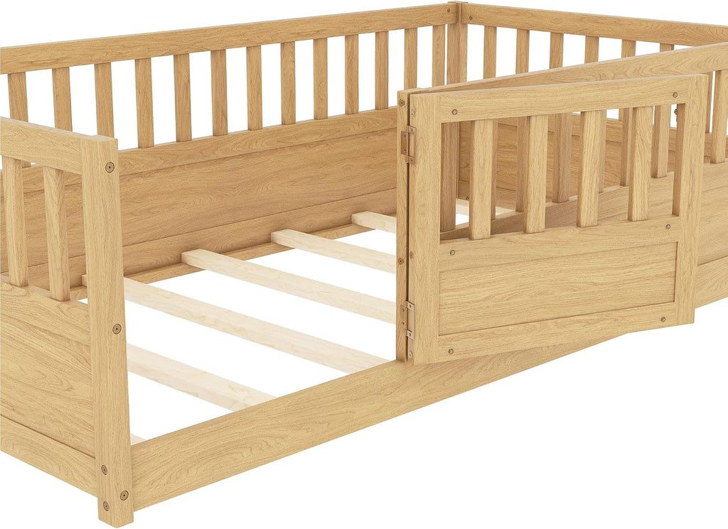 Montessori Floor Bed with High Fence, Slats and Door, Natural