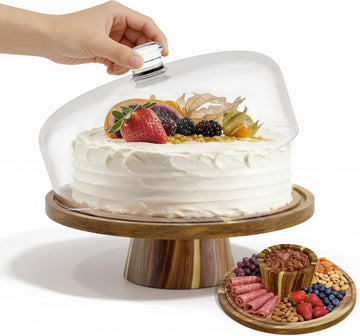 12 Inch Acacia Wood Cake Stand with Lid, 2-in-1 Wooden Cake Plate with Dome & Charcuterie Board, Round Cake Holder