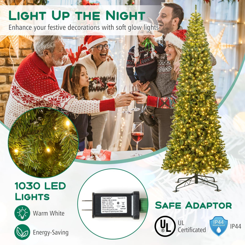 12 FT Pre-lit Christmas Tree, Slim Xmas Tree w/Quick Connector
