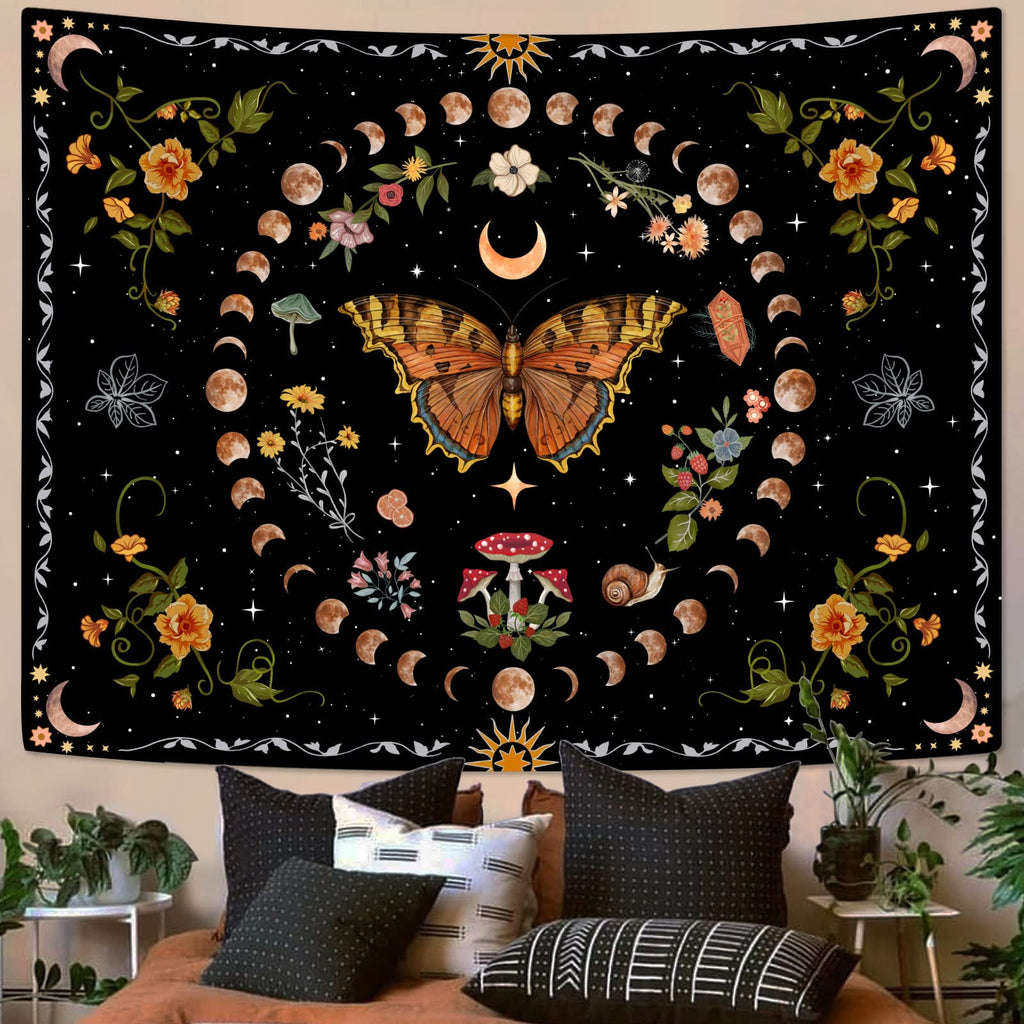Orange Butterfly Moon Flower Tapestry Botanical Floral Plant Boho Tapestry Aesthetic Vintage Tapestries Wall Hanging