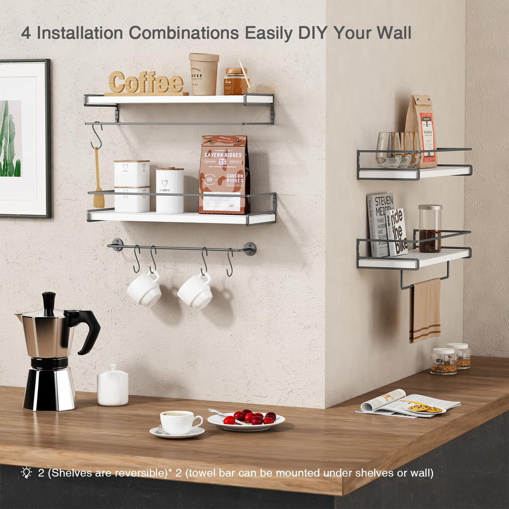 White Floating Shelves Organizer Over Toilet, Bathroom Shelves Wall Mounted with Towel Rack, Corner Wall Shelf Decor
