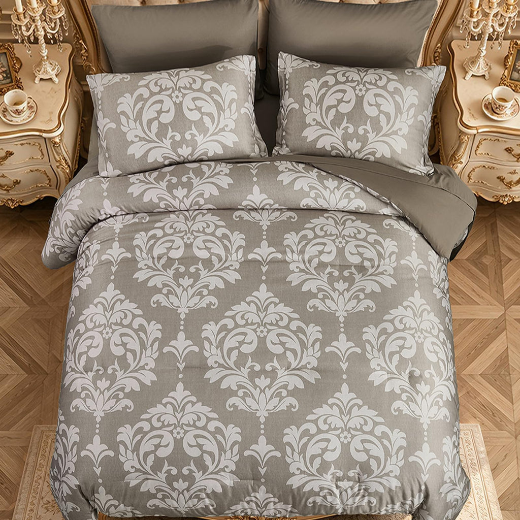 Queen Luxury Comforter Set Taupe 7 Piece Boho Damask Bedding