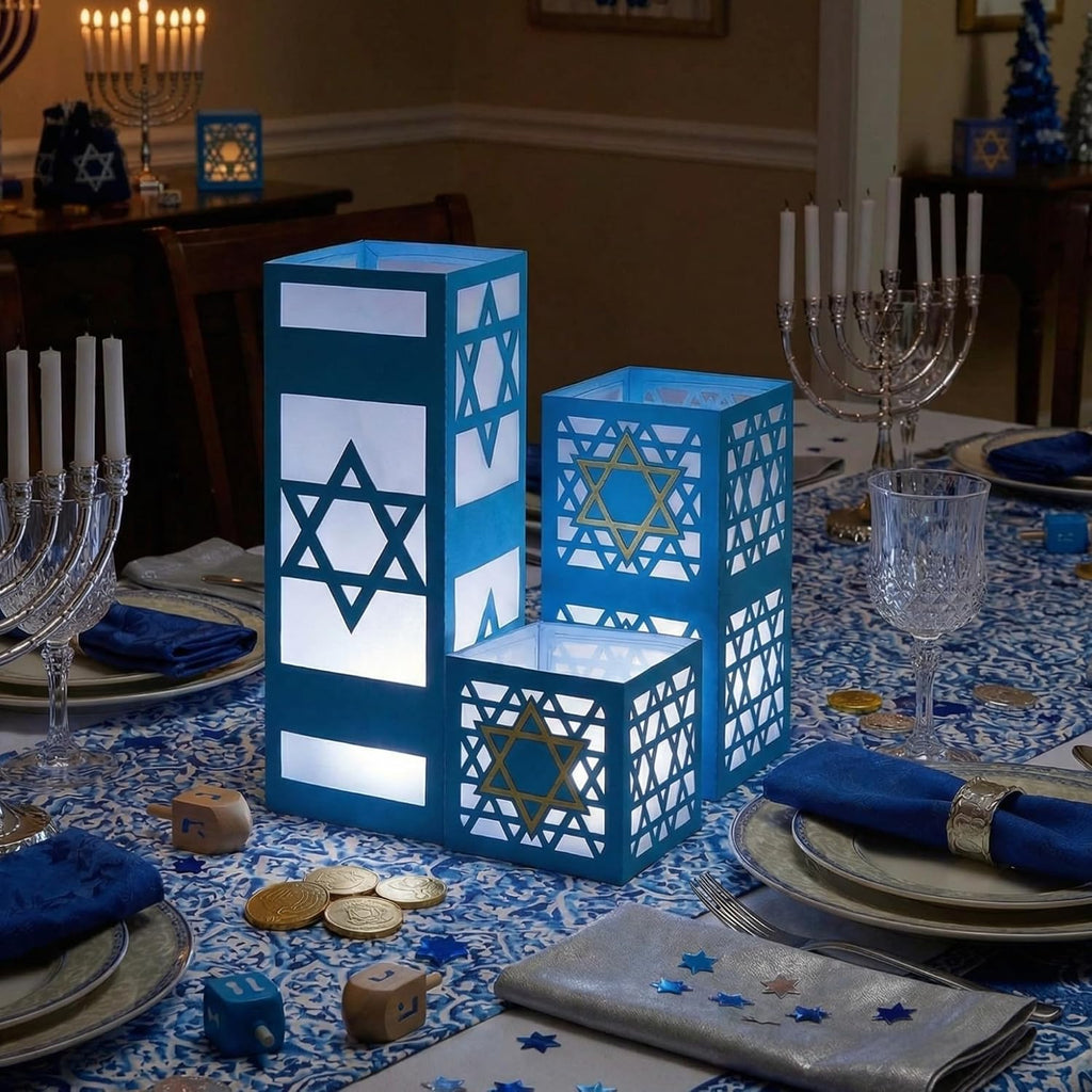 Sets Hanukkah Table Decorations 3 Size Hanukkah Lantern Boxes Centerpieces with LED Candles Dreidel Star David - Set of 12
