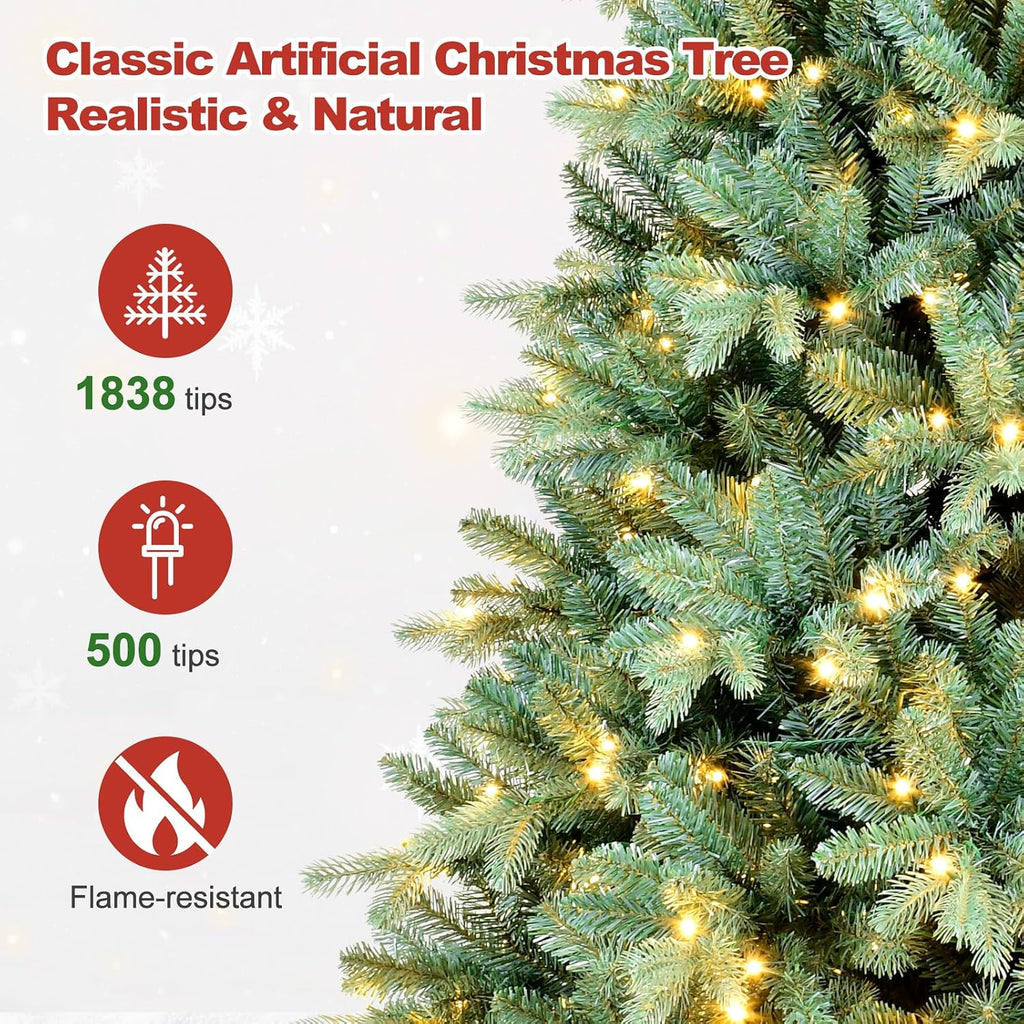 7 Ft Pre-Lit Artificial Christmas Tree, w/ 500 LED Warm Lights, 1838 PE&PVC Mixed Branch Tips, Faux Xmas Tree , Party