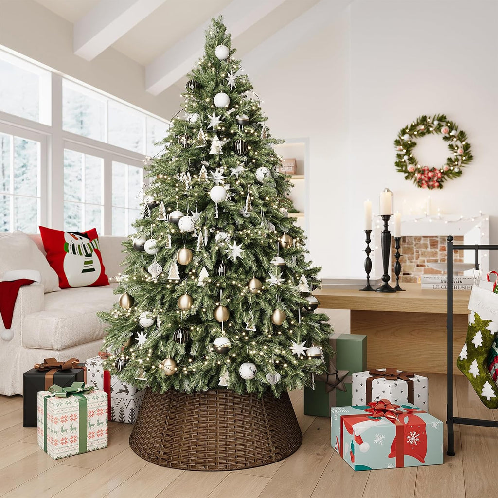 Wicker Christmas Tree Collar for 7.5 ft Trees, 28 Inch Woven Xmas Tree Skirt, Stylish Rustic Farmhouse Basket for
