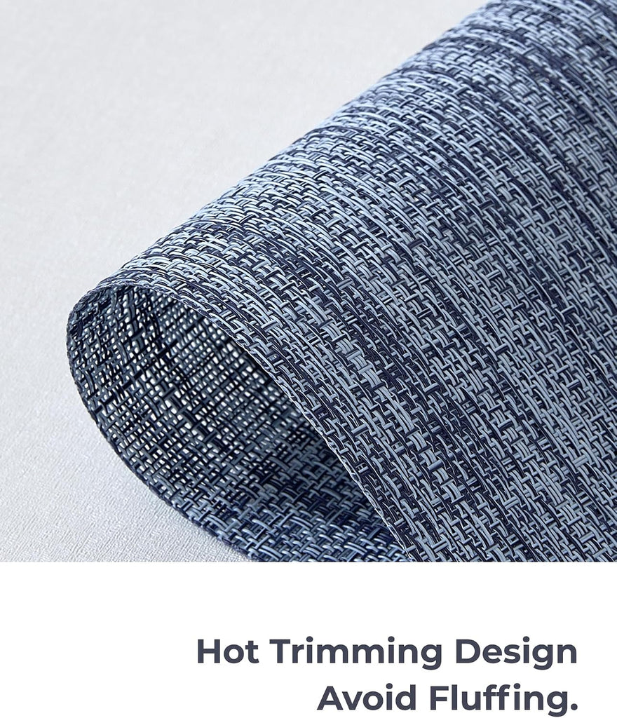 Deep Navy Woven Placemats - Heat Resistant Non-Slip Place mats for Dining Table, Washable Durable PVC Vinyl - Set of 6