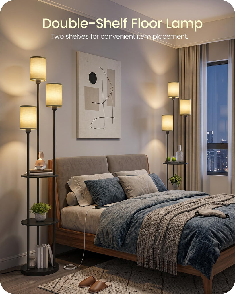 Floor Lamp with Shelves, Modern Floor Lamp with 3 Linen Shades and Foot Switch, 3-Light Standing Lamp, Study, Office