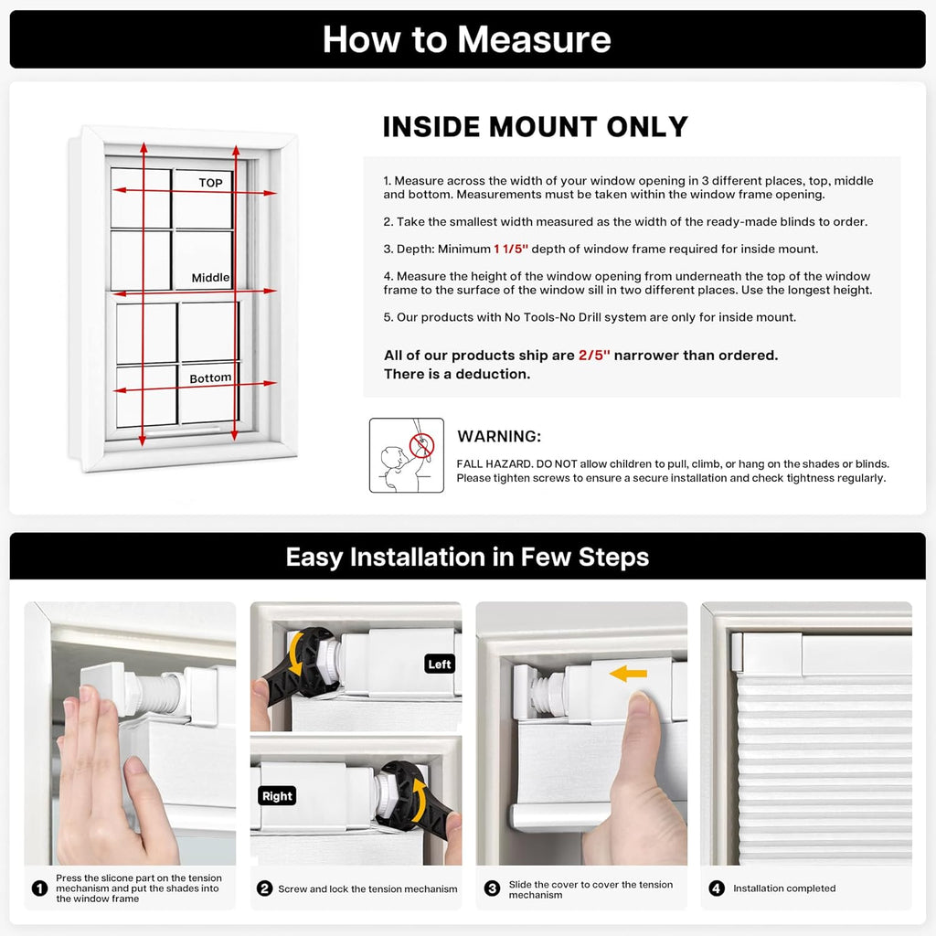 No Drill Cordless Cellular Shades, 17" W × 36" H, Silver White