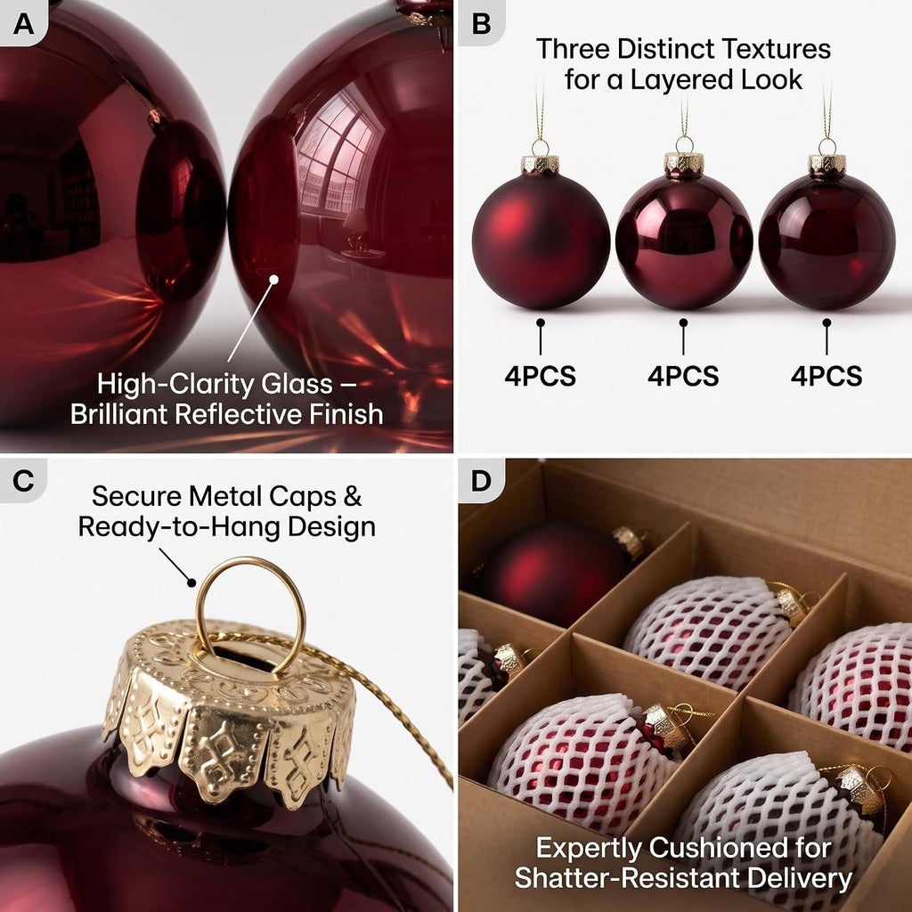 12Pcs Burgundy Red Glass Christmas Balls Ornament for Tree, 2.36''