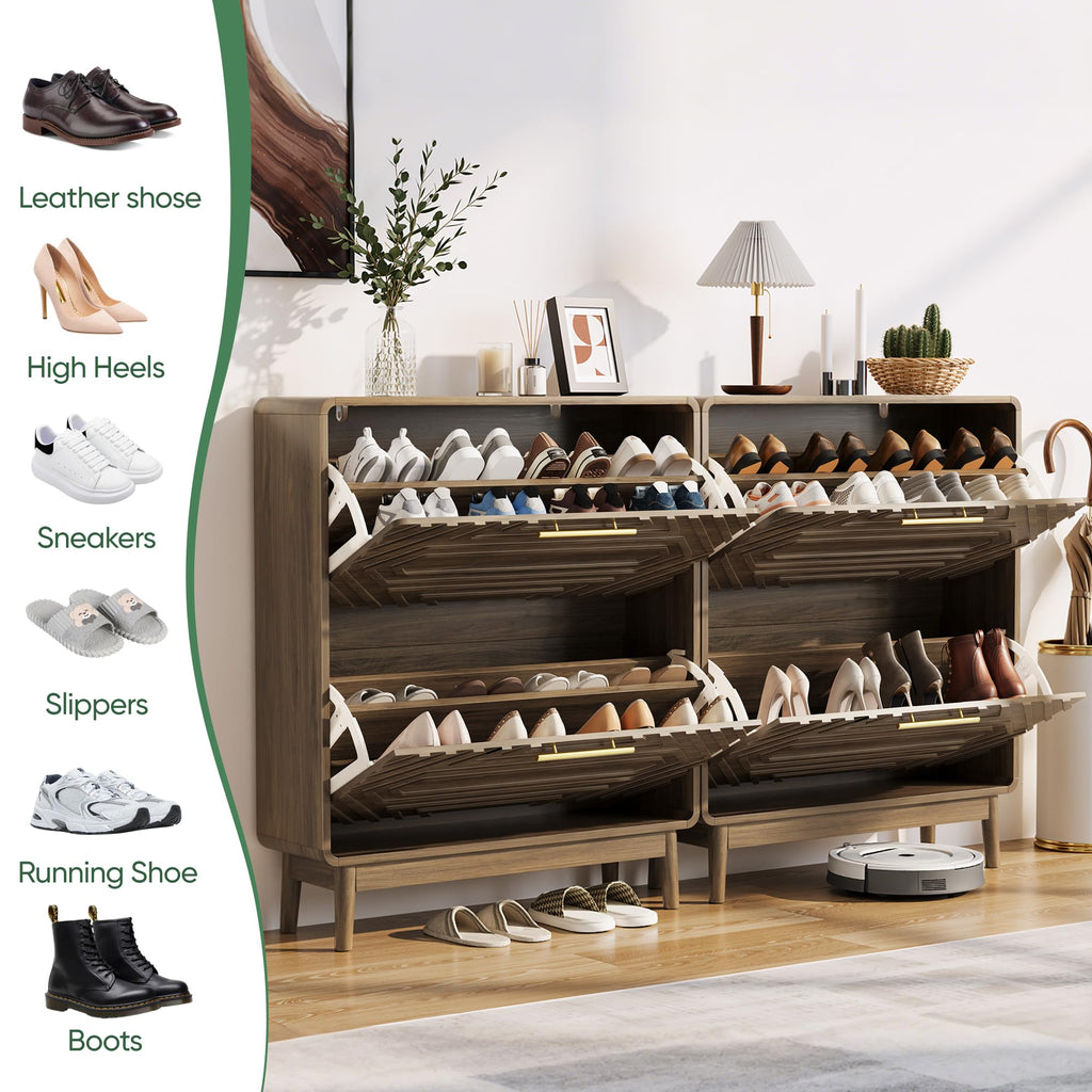 Shoe Storage Cabinet with Hand-Carved Raised Embossed 2 Flip Drawers, Narrow Shoe Cabinet Storage, Freestanding Shoe