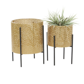 Metal Indoor Outdoor Planter Floral Cutout Small Planter Pot with Removable Stand, Set of 2 Planters 15", 14"H, Gold