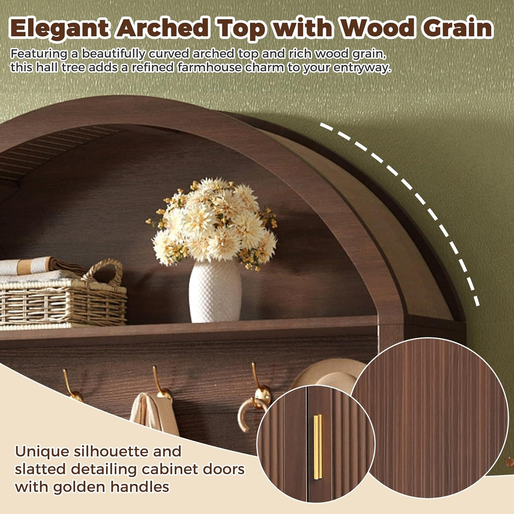 Farmhouse Arched Top Hall Tree with 5 Metal Hooks, All-in-One Mudroom Storage with Adjustable Shelves & Fluted Door