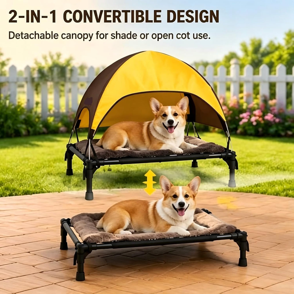Outdoor Dog Bed with Canopy, Elevated Portable Pet Cot with Removable Shade Cover, Breathable Water Resistant Pet Rest