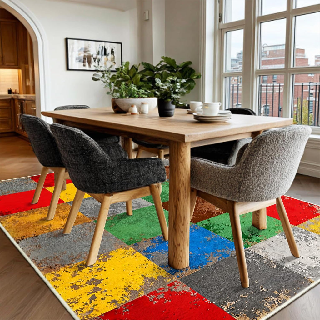Colorful Retro Checkered Rug Non Slip Geometric Area Rug