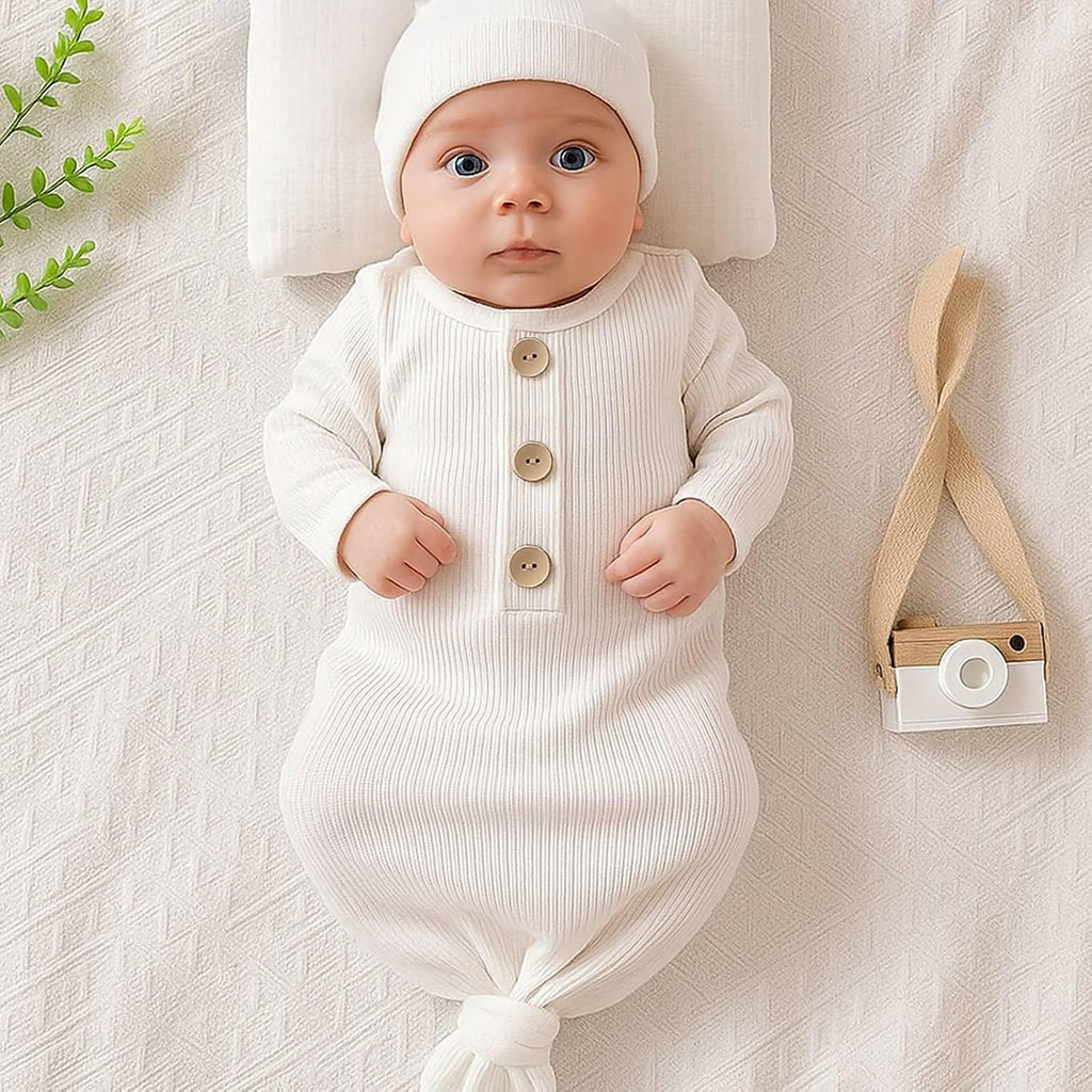 Knotted Gown Baby Newborn Sleepers Baby Boy Coming Home Outfit, Bamboo Viscose Baby Gowns with Mitten Cuffs and Hat