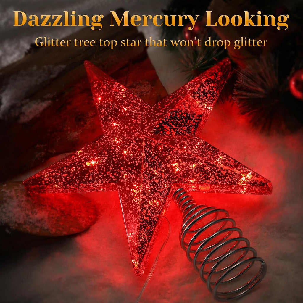 Red Christmas Tree Star Topper with Lights, 8.5-Inch Light-Up Christmas Tree Topper with Remote Control, 4 Brightness