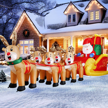 12 FT Christmas Inflatable Outdoor Santa Claus on Sleigh with Five Reindeer, Building LED Lights, Blow Up Yard