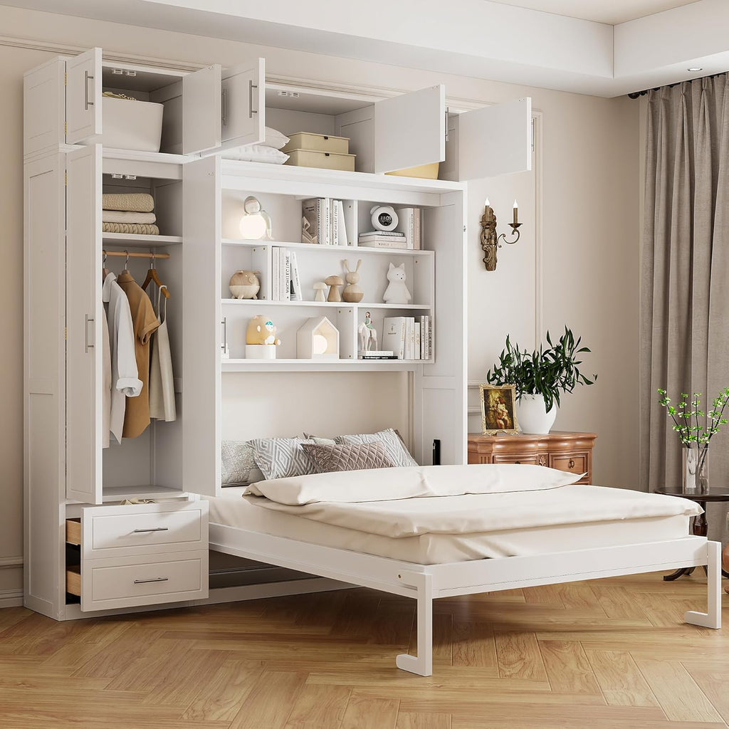 Queen Murphy Bed with Top Cabinet, Shelves and Wardrobe, Fold into The Wall, Space-Saving Design, Multifunctional