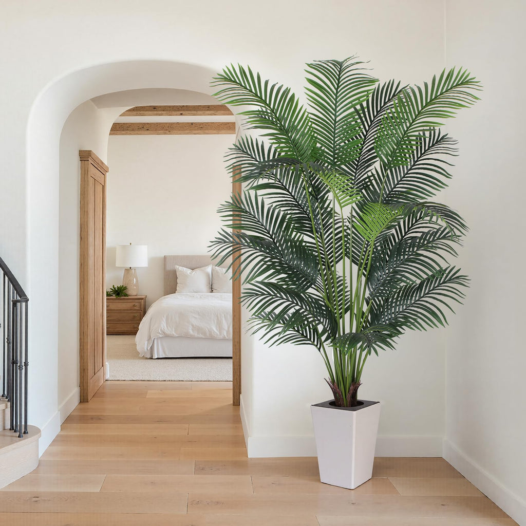 Artificial Palm Tree with White Tall Planter, 7ft Tall Potted Artificial Silk Palm Tree Plant, Fake Tropical Plant