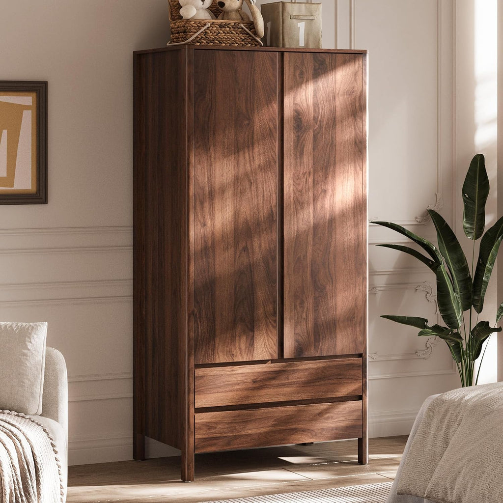Wardrobe with 2 Doors and 2 Drawers, 70.9"H Modern Walnut Bedroom Armoire Closet with Hidden Handles, Freestanding