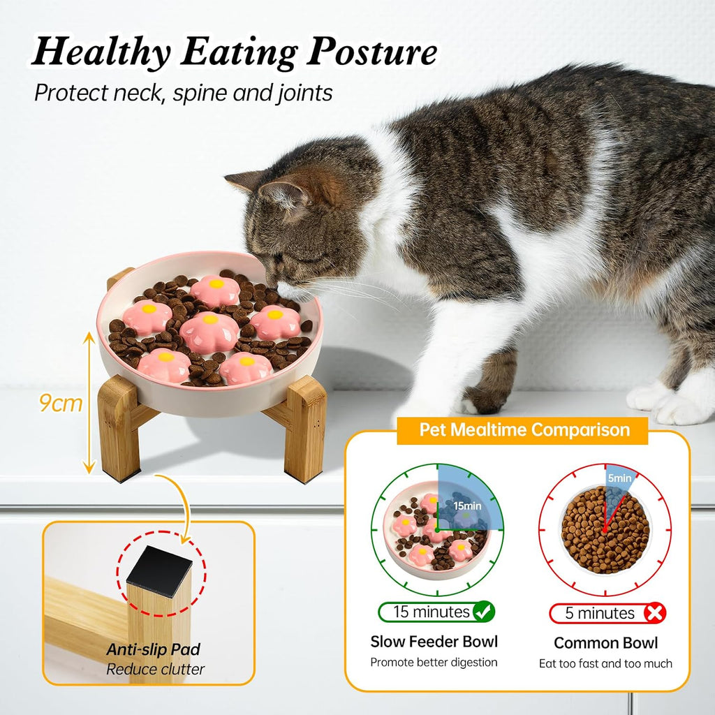Elevated Ceramic Slow Feeder Cat Bowl with Anti-Slip Bamboo Stand