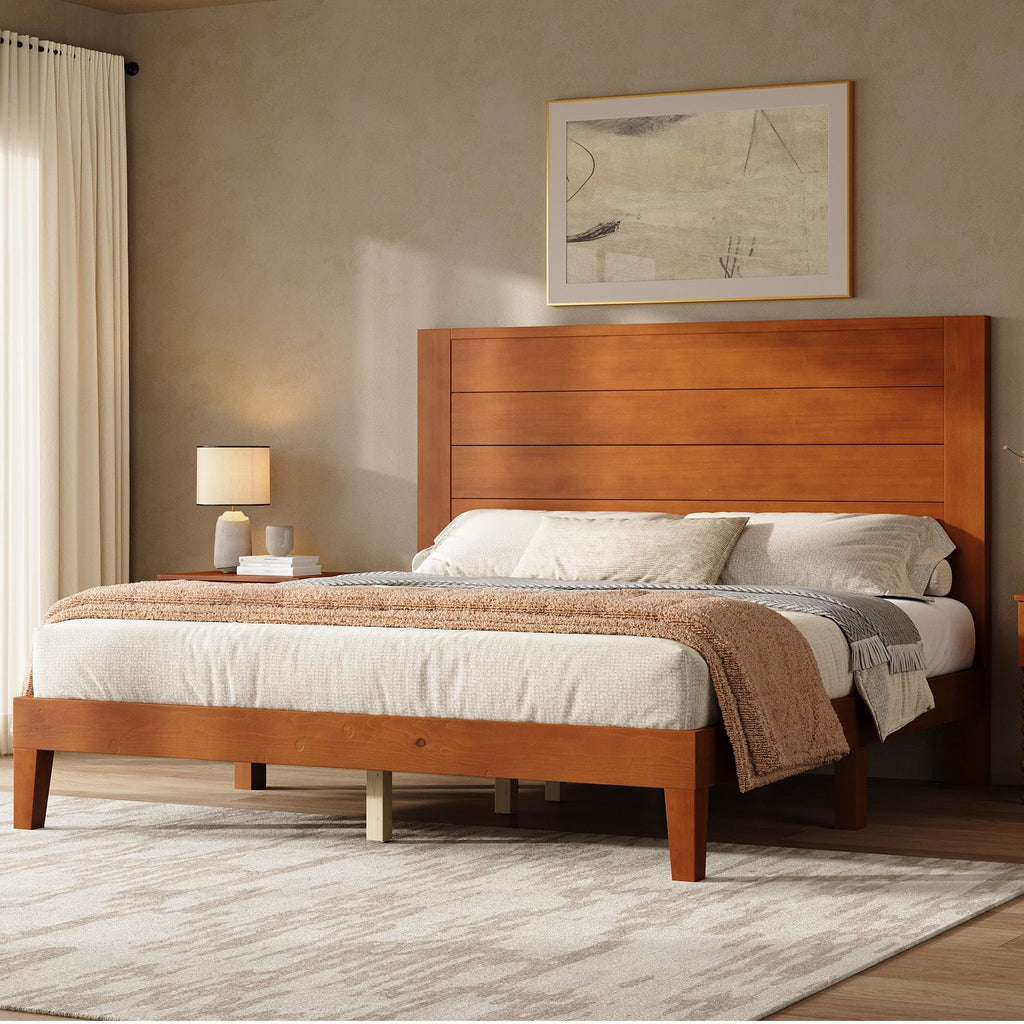 Queen Size Solid Wood Platform Bed with Mid Century Style, Brown