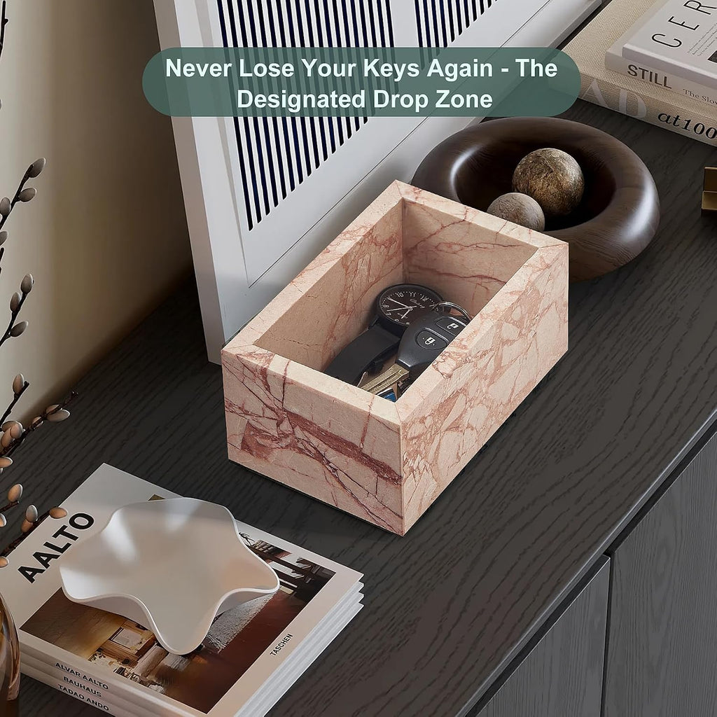 Natural Marble Storage Box with Lid, Rectangular Organizer for Jewelry