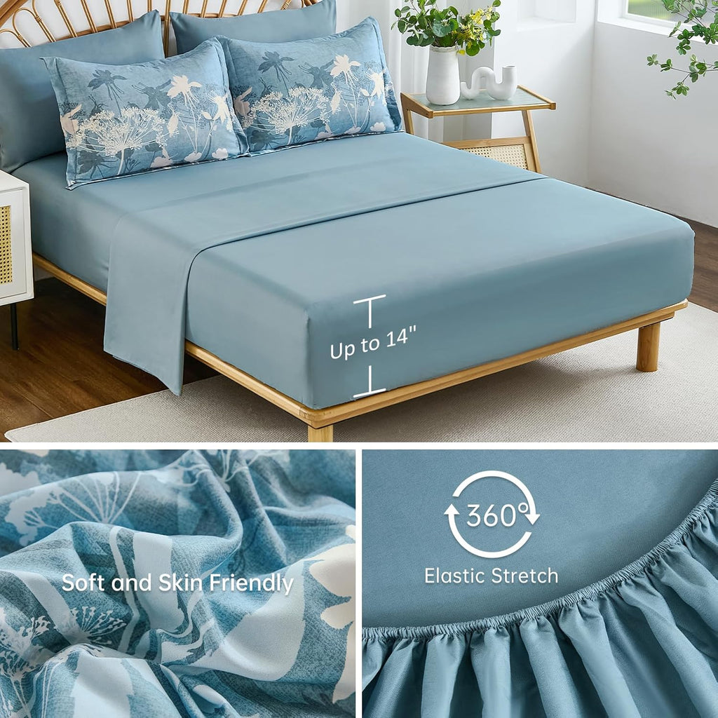 Drucon Blue Floral Comforter Set King, 7 Piece Dandelion Botanical Plant Comforter Bedding Set, Bed in a Bag King