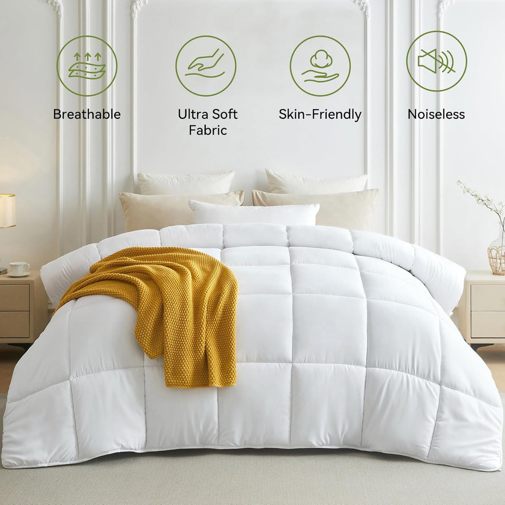 Down Alternative Oversized King Comforter, 120x98Inches, Polyester, White, All Season, Box Stitching