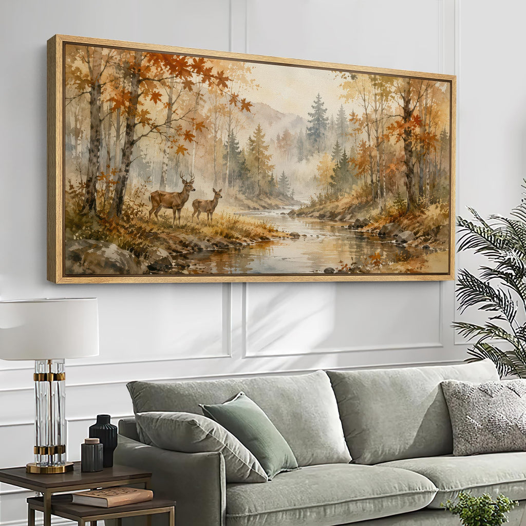 Extra Large Framed Canvas Print Wall Art Watercolor Autumn Forest Deer River Farmhouse Illustrations Modern Art