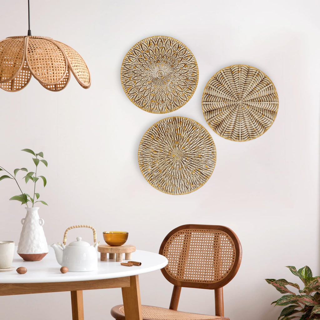 Set of 3 Rustic Floral Round Metal Wall Art - Intricate 3D Design with Sturdy Hooks, Gold and Beige Decorative Plates