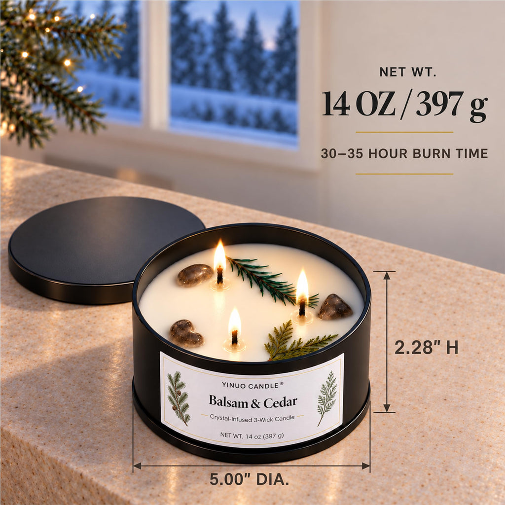 Balsam & Cedar Scented Candles, 14 oz 3-Wick Crystal-Infused