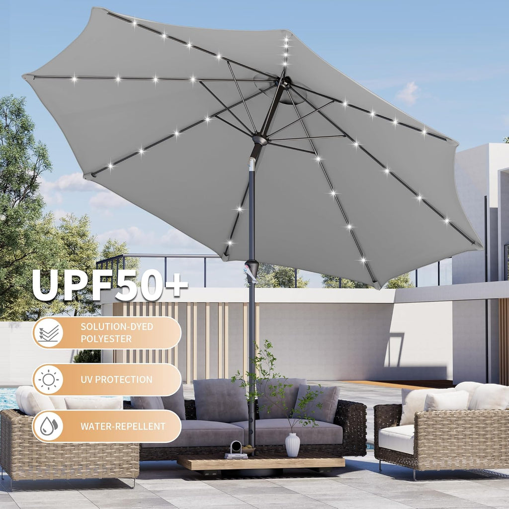 10FT Outdoor Patio Umbrella with Solar Lights, Market Table Umbrella with Push Button Tilt & Crank, 8 Sturdy Ribs
