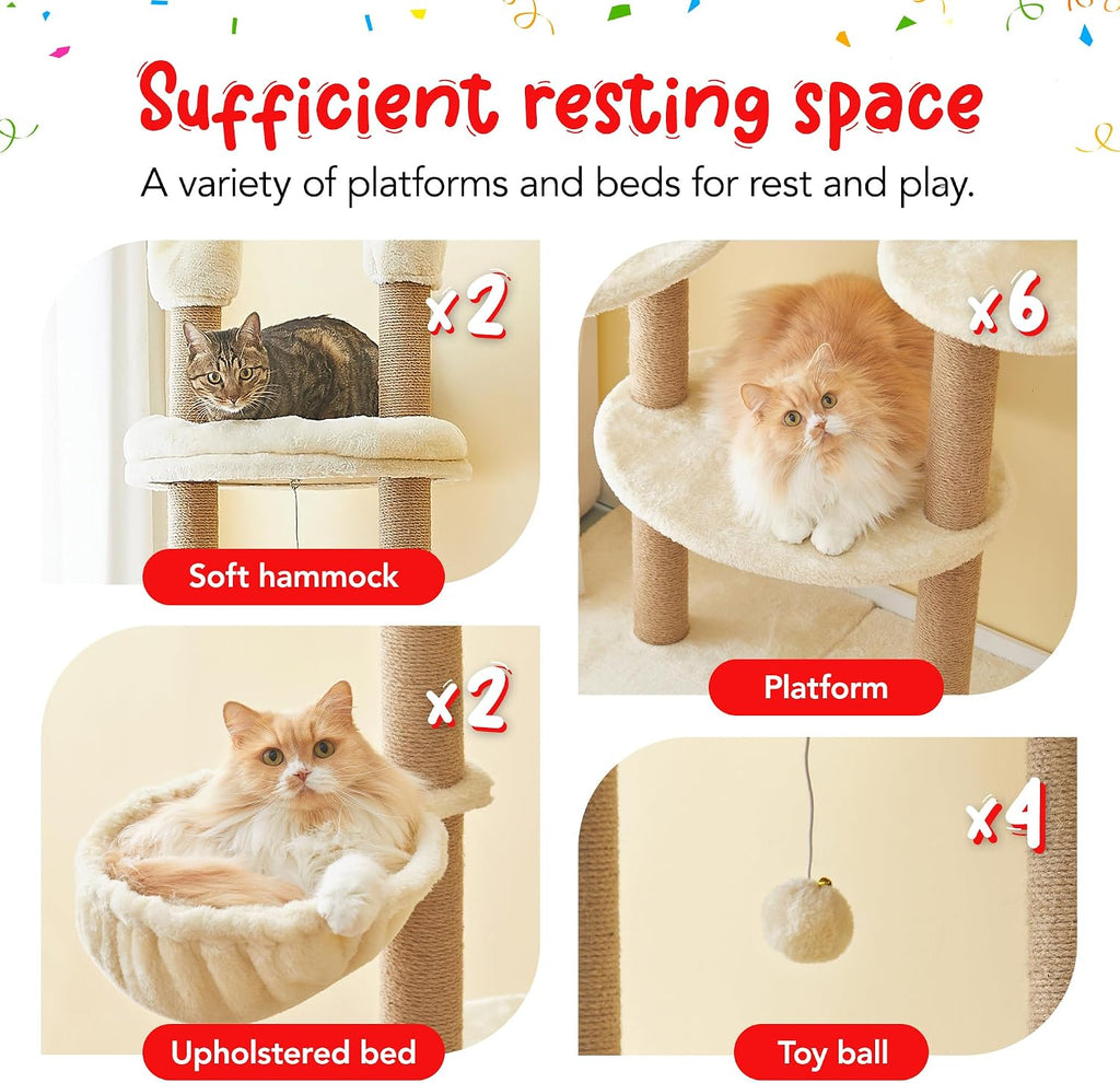 Floor to Ceiling Cat Tree, Tall Cat Tower Adjustable Height (88"-114"=223-290CM), 6-Tier Cat Climbing Tower with 18