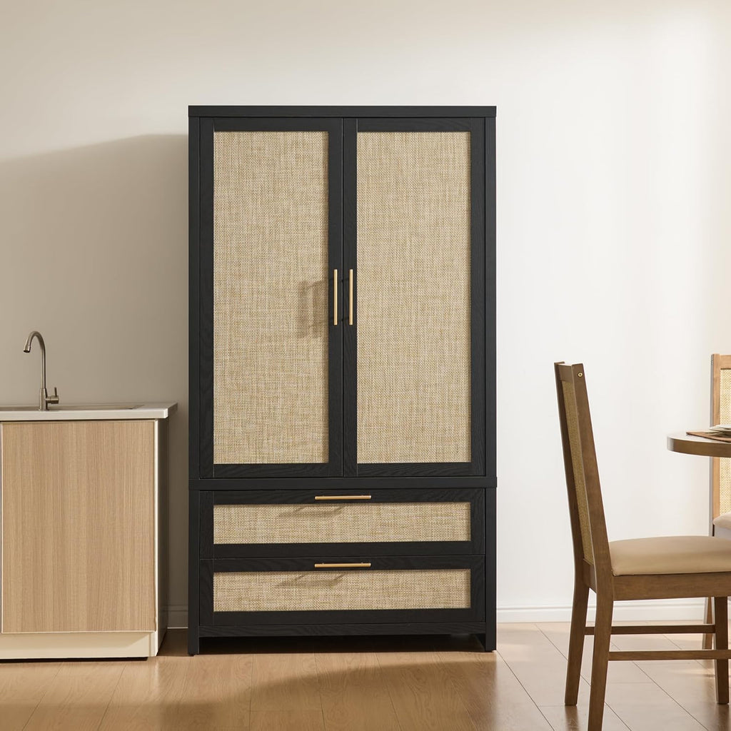 Rattan Armoire Wardrobe Closet, 71 inch Boho Wardrobe with Drawers | Farmhouse Storage Cabinet Armoire with Hanging